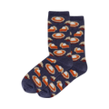 A pair of navy blue crew socks with a repeating pattern of orange pumpkin pie slices and whipped cream.