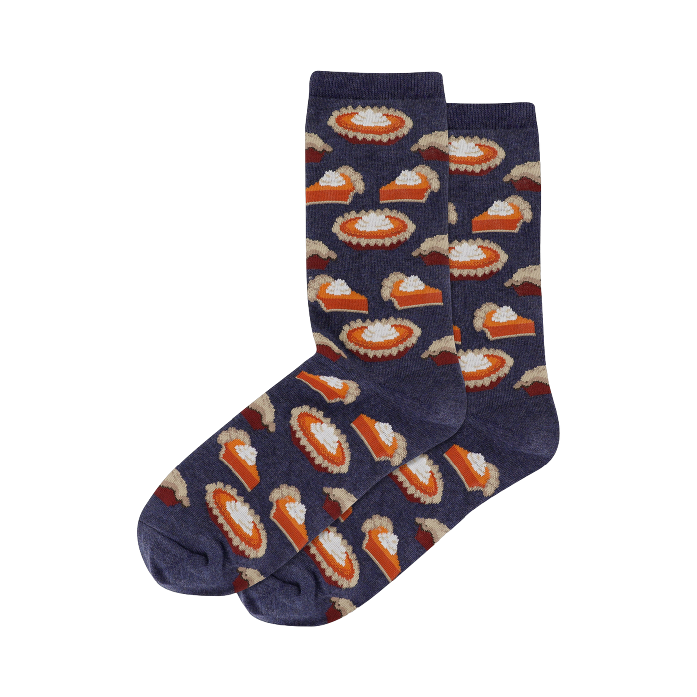 A pair of navy blue crew socks with a repeating pattern of orange pumpkin pie slices and whipped cream.