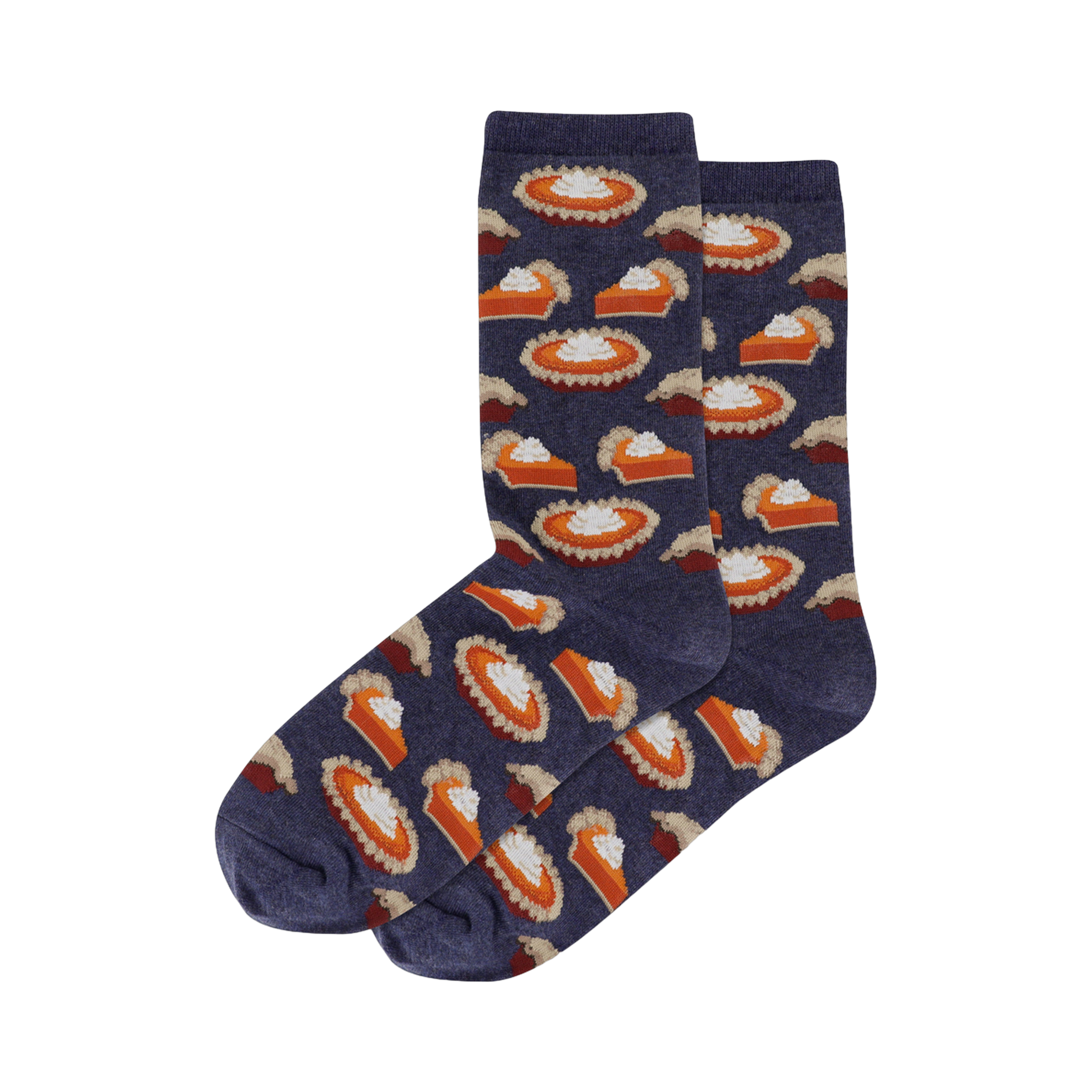 A pair of navy blue crew socks with a repeating pattern of orange pumpkin pie slices and whipped cream.