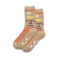 A pair of tan crew socks with orange stripes, adorable sleeping dogs, and pie slices.  Non-skid grips on the soles.