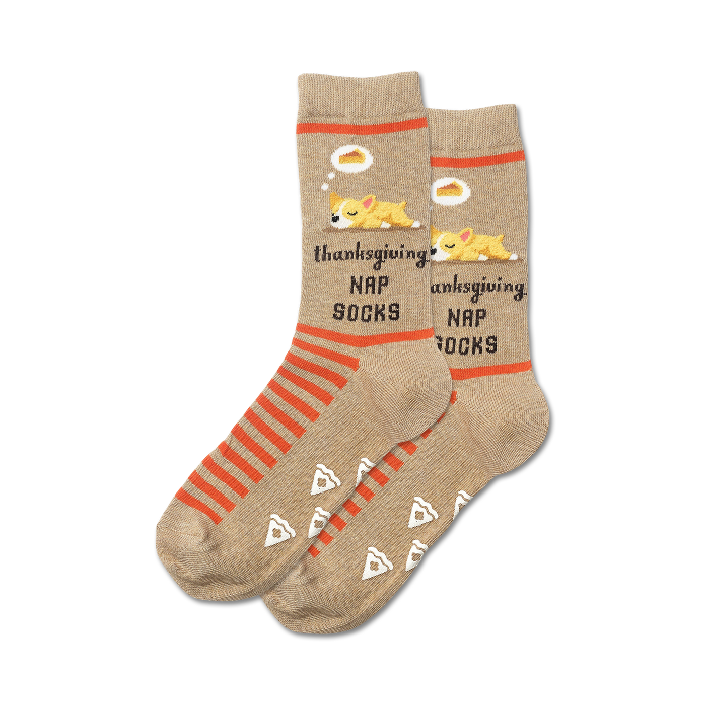 A pair of tan crew socks with orange stripes, adorable sleeping dogs, and pie slices.  Non-skid grips on the soles.