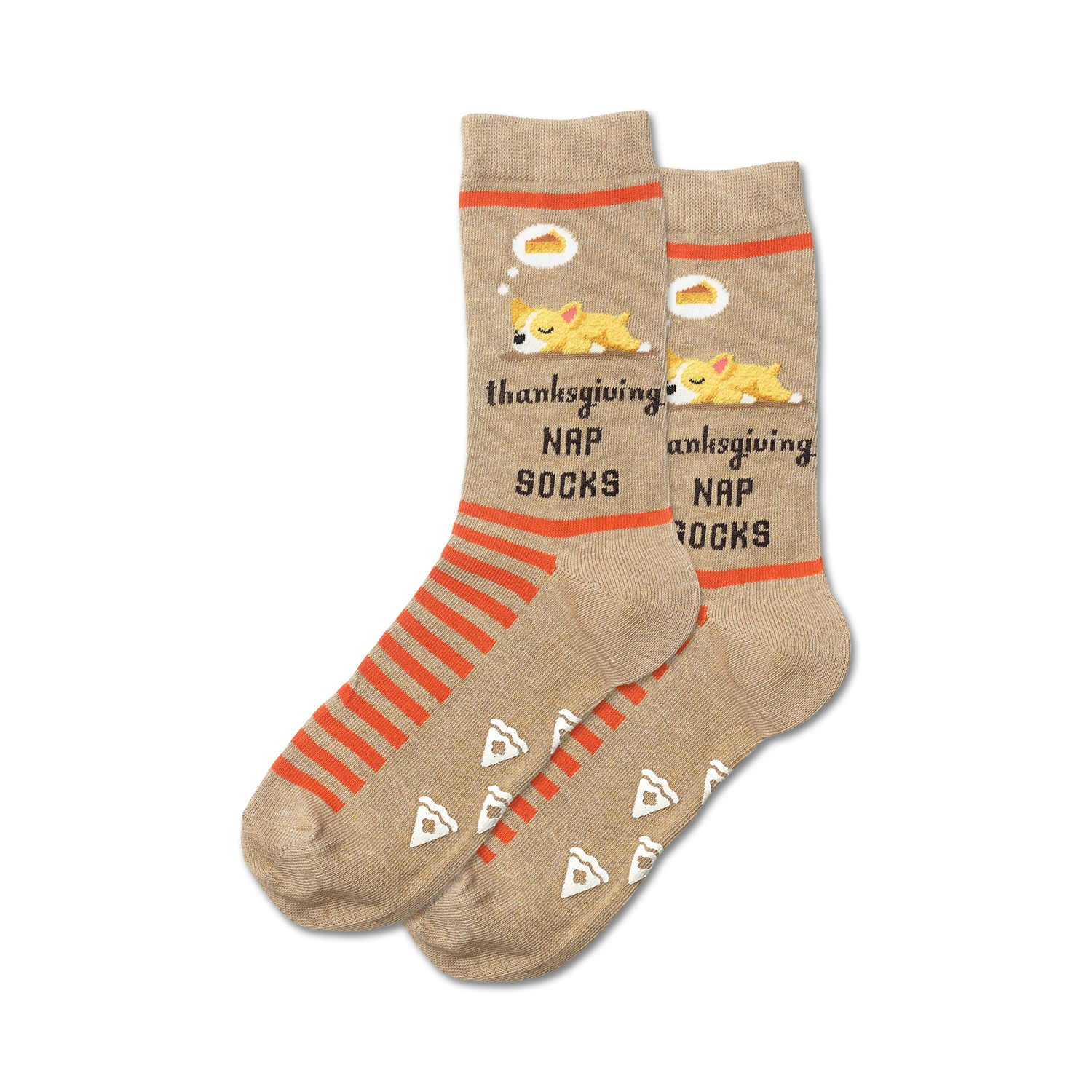 A pair of tan crew socks with orange stripes, adorable sleeping dogs, and pie slices.  Non-skid grips on the soles.