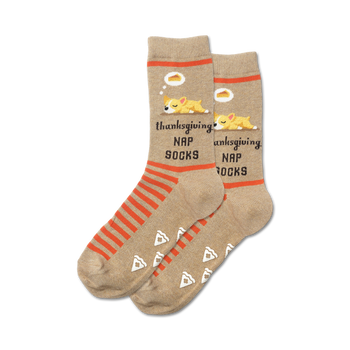  brown striped non-skid socks with orange pizza pie bottoms and sleeping pilgrim dogs. great for thanksgiving.  