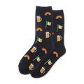 A pair of black crew socks with a fun St. Patrick's Day design.  The pattern includes rainbows, Irish flags, and beer mugs in green, orange, and yellow.