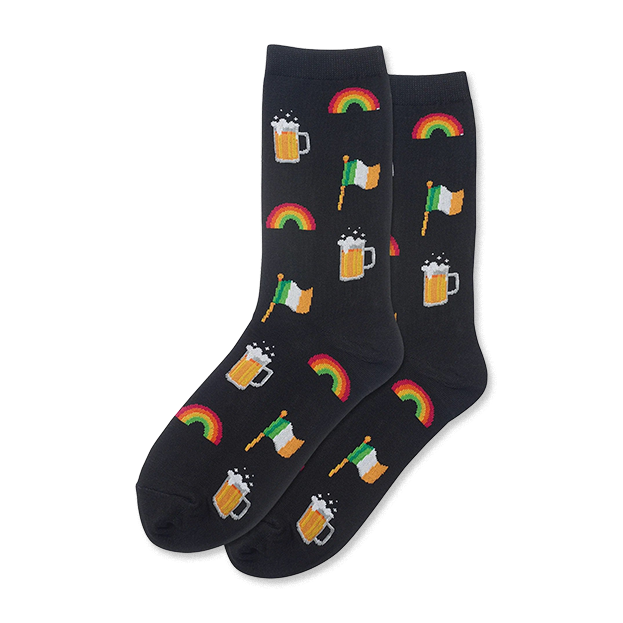 A pair of black crew socks with a fun St. Patrick's Day design.  The pattern includes rainbows, Irish flags, and beer mugs in green, orange, and yellow.