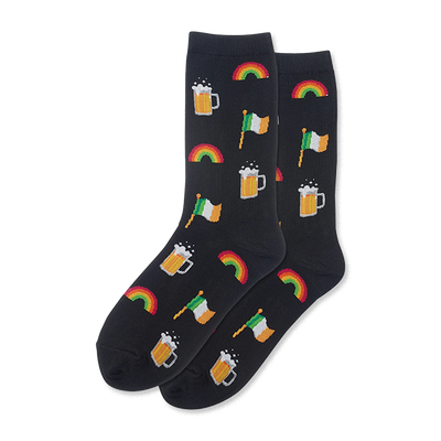 A pair of black crew socks with a fun St. Patrick's Day design.  The pattern includes rainbows, Irish flags, and beer mugs in green, orange, and yellow.