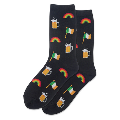 Pair of black crew socks with a repeating pattern of Irish flags, colorful rainbows, and golden beer mugs with foam.