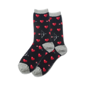 Pair of black crew socks with red pixelated hearts and arrows.  Grey cuffs.