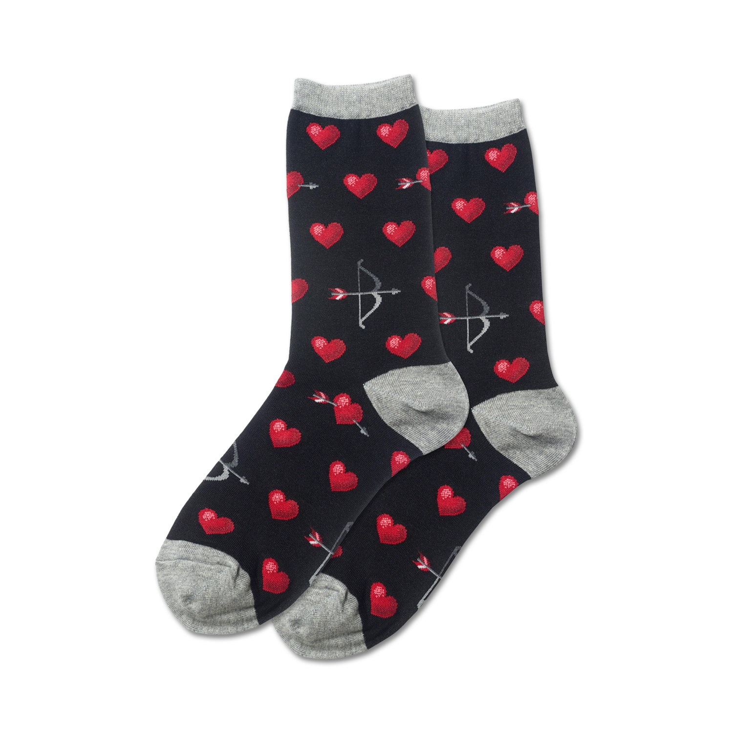 Pair of black crew socks with red pixelated hearts and arrows.  Grey cuffs.