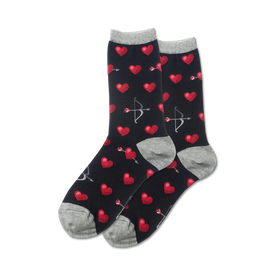 black crew socks with red pixelated hearts and silver-gray arrows. valentine's theme.  