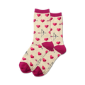 Lifestyle shot of Bow and Arrow socks in beige with fuchsia cuffs, showing the socks being worn.