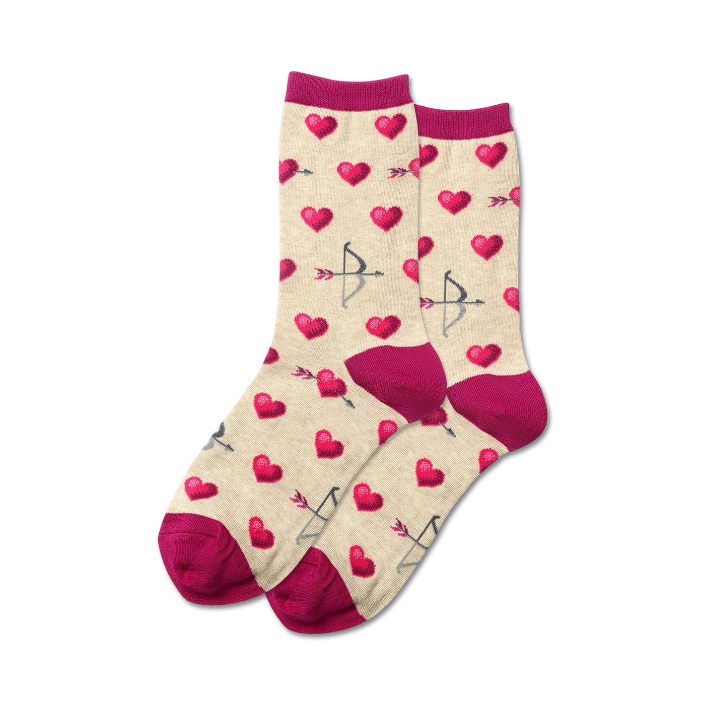 Lifestyle shot of Bow and Arrow socks in beige with fuchsia cuffs, showing the socks being worn.