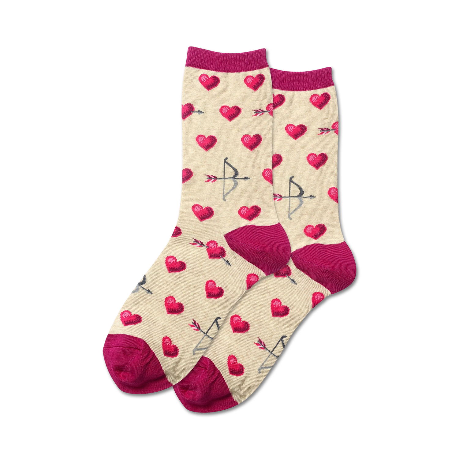 Lifestyle shot of Bow and Arrow socks in beige with fuchsia cuffs, showing the socks being worn.