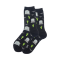 Pair of dark crew socks featuring a pattern of gray gravestones, lime green zombie hands, and small bats.