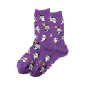 Purple crew socks with a pattern of cute ghosts in various Halloween costumes. The ghosts wear witch hats, devil horns, and other spooky accessories.
