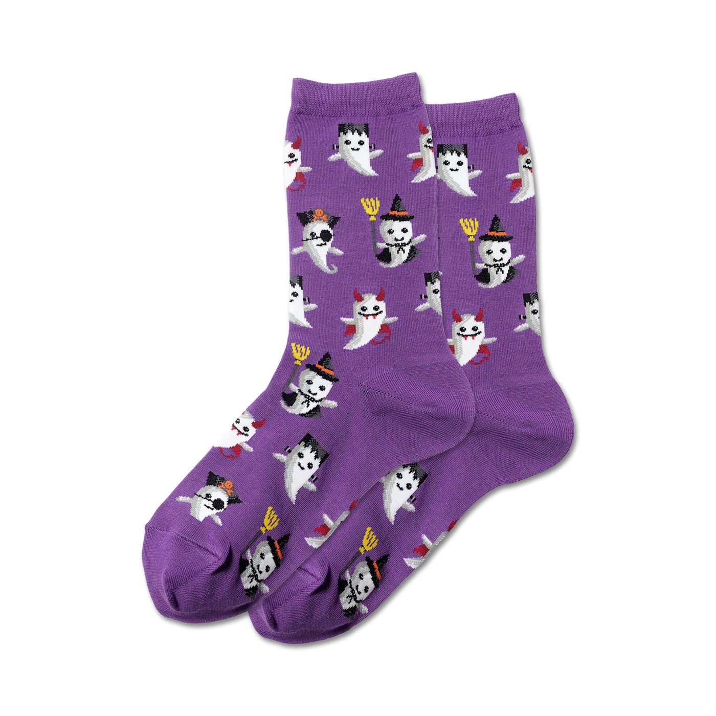 Purple crew socks with a pattern of cute ghosts in various Halloween costumes. The ghosts wear witch hats, devil horns, and other spooky accessories.