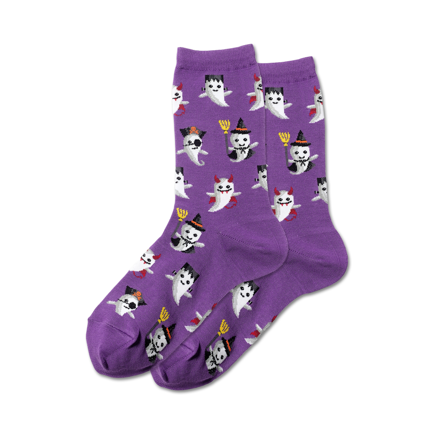 Purple crew socks with a pattern of cute ghosts in various Halloween costumes. The ghosts wear witch hats, devil horns, and other spooky accessories.