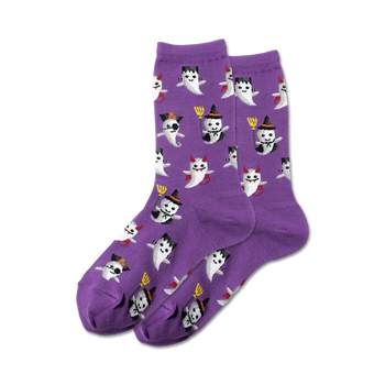 purple crew socks with pattern of ghosts in halloween costumes: witch, devil, pirate, vampire.  