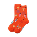 Pair of orange crew socks with Halloween cocktails, bats, and the phrase 'Here For The Boos'.