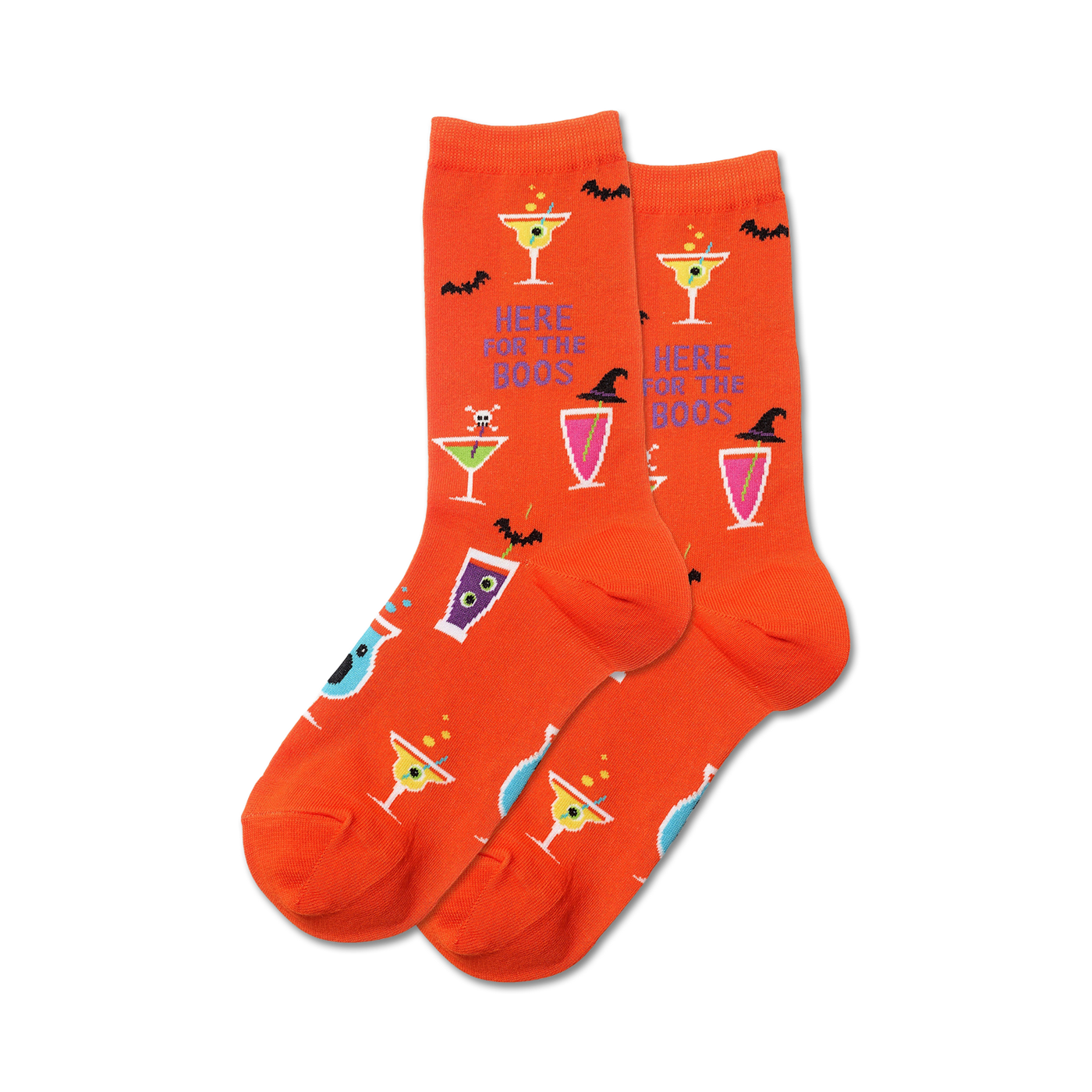 Pair of orange crew socks with Halloween cocktails, bats, and the phrase 'Here For The Boos'.