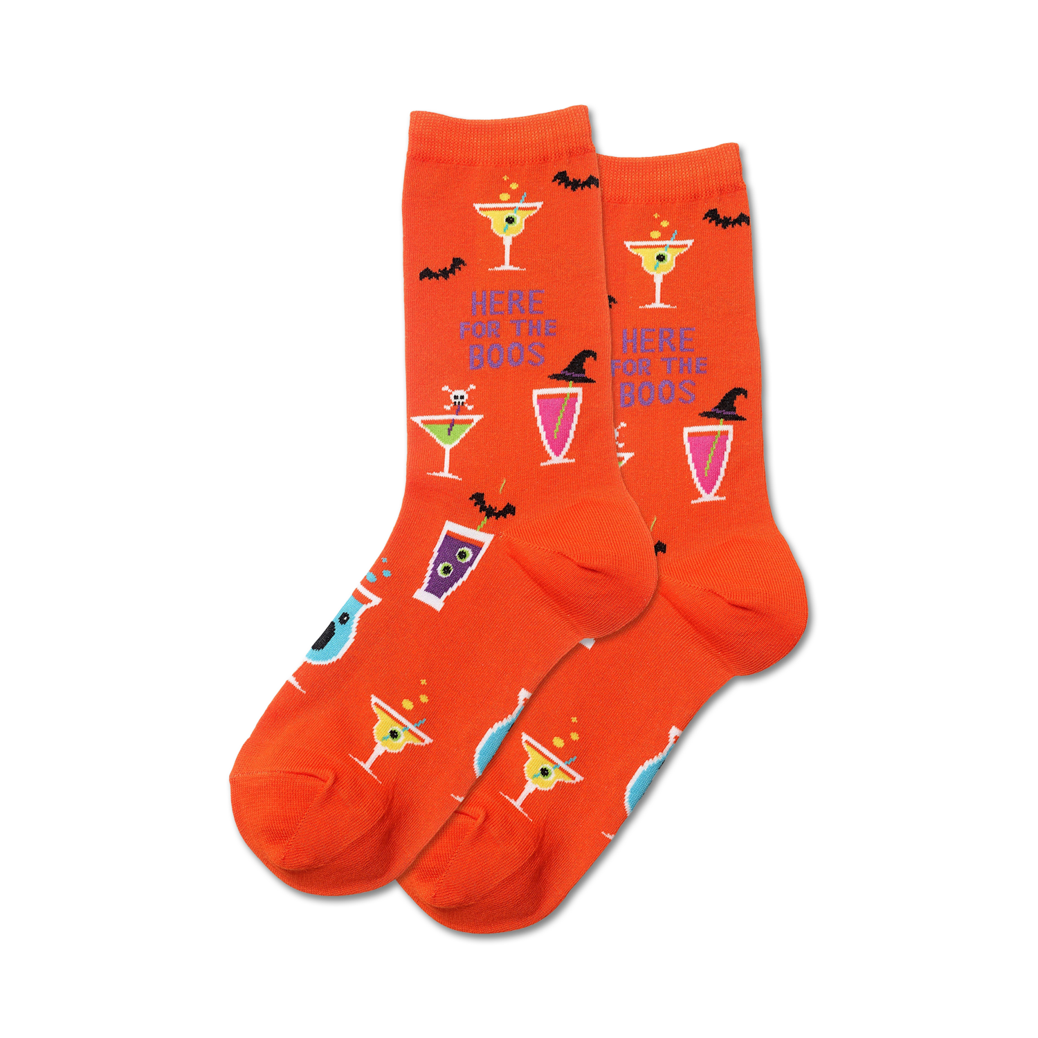 Pair of orange crew socks with Halloween cocktails, bats, and the phrase 'Here For The Boos'.
