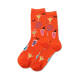 orange crew socks with halloween-themed pattern of black bats, purple and green martini glasses, and blue and orange ghosts. perfect for women.   