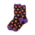 Pair of black crew socks with orange pumpkins and purple cuffs.  Pumpkins glow in the dark!