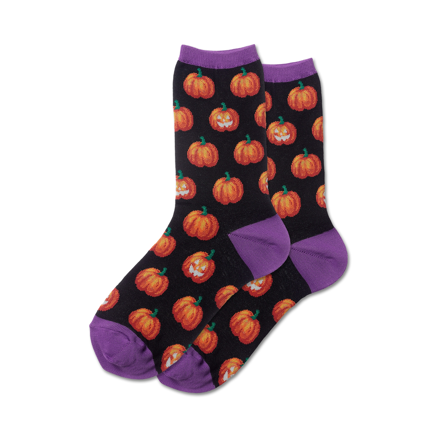 Pair of black crew socks with orange pumpkins and purple cuffs.  Pumpkins glow in the dark!
