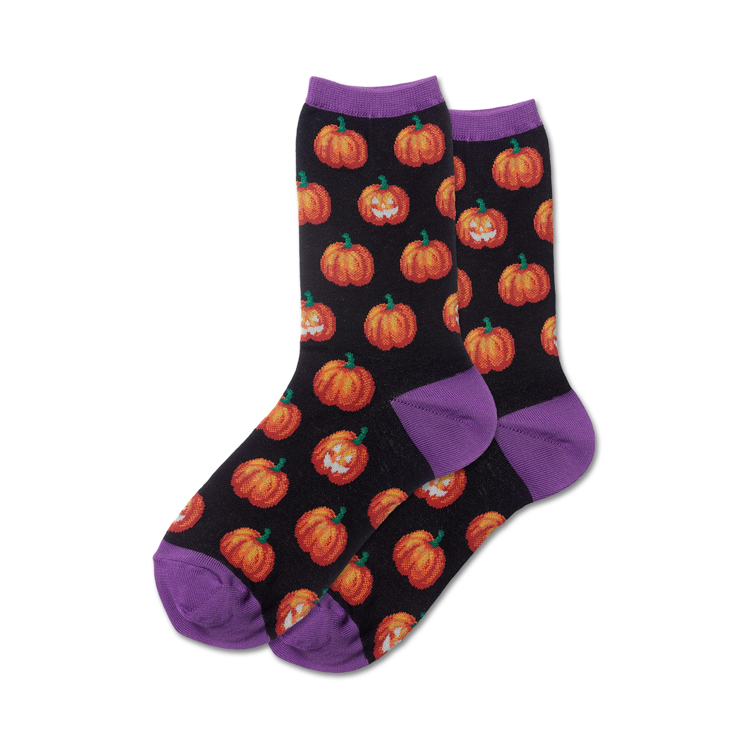 Pair of black crew socks with orange pumpkins and purple cuffs.  Pumpkins glow in the dark!