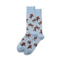 A pair of light blue crew socks with a repeating pattern of cowboys riding brown horses. Fun, quirky, and perfect for everyday wear.