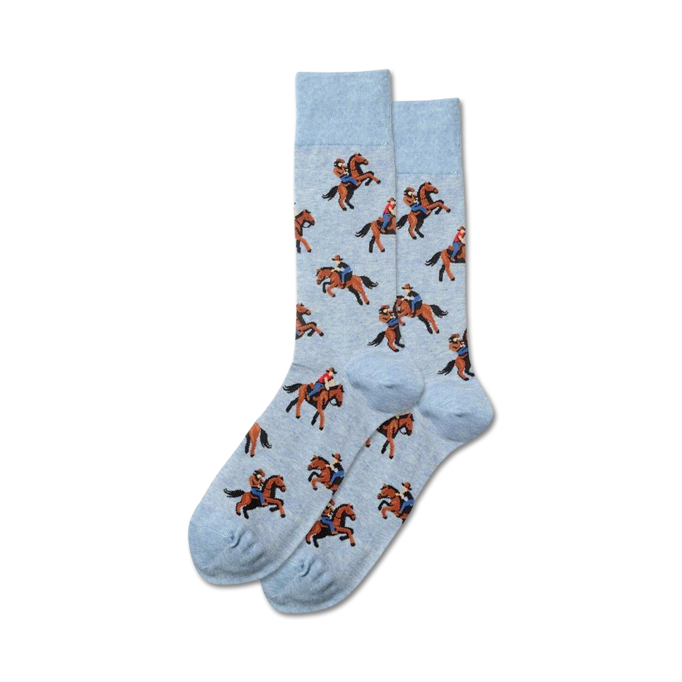A pair of light blue crew socks with a repeating pattern of cowboys riding brown horses. Fun, quirky, and perfect for everyday wear.