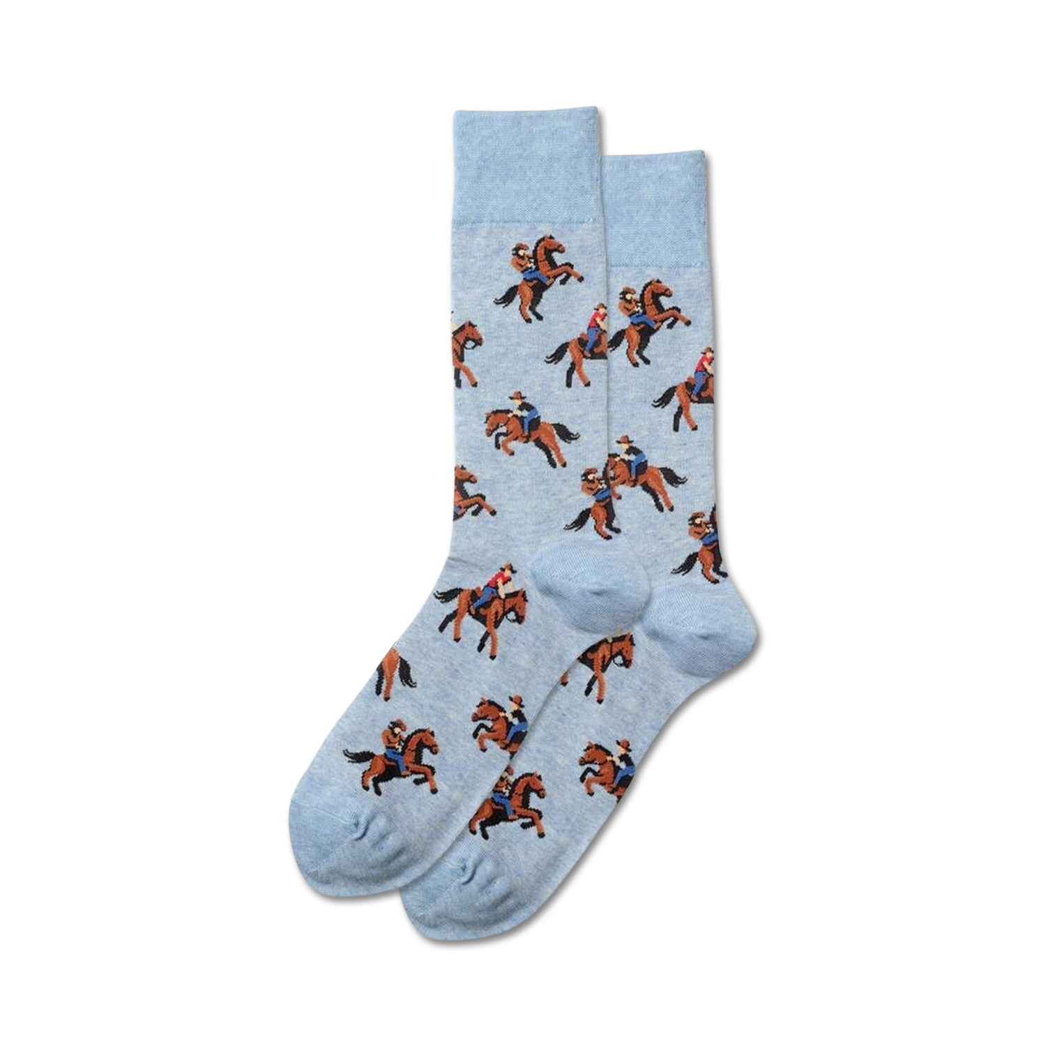 A pair of light blue crew socks with a repeating pattern of cowboys riding brown horses. Fun, quirky, and perfect for everyday wear.