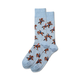 light blue crew socks with a pattern of cowboys on bucking horses.   