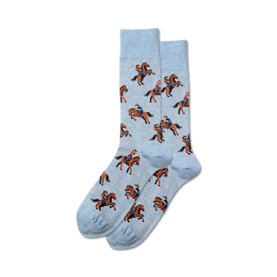 light blue crew socks with a pattern of cowboys on bucking horses.   