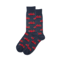 Pair of navy blue crew socks with a repeating pattern of red pickup trucks carrying small brown dogs.