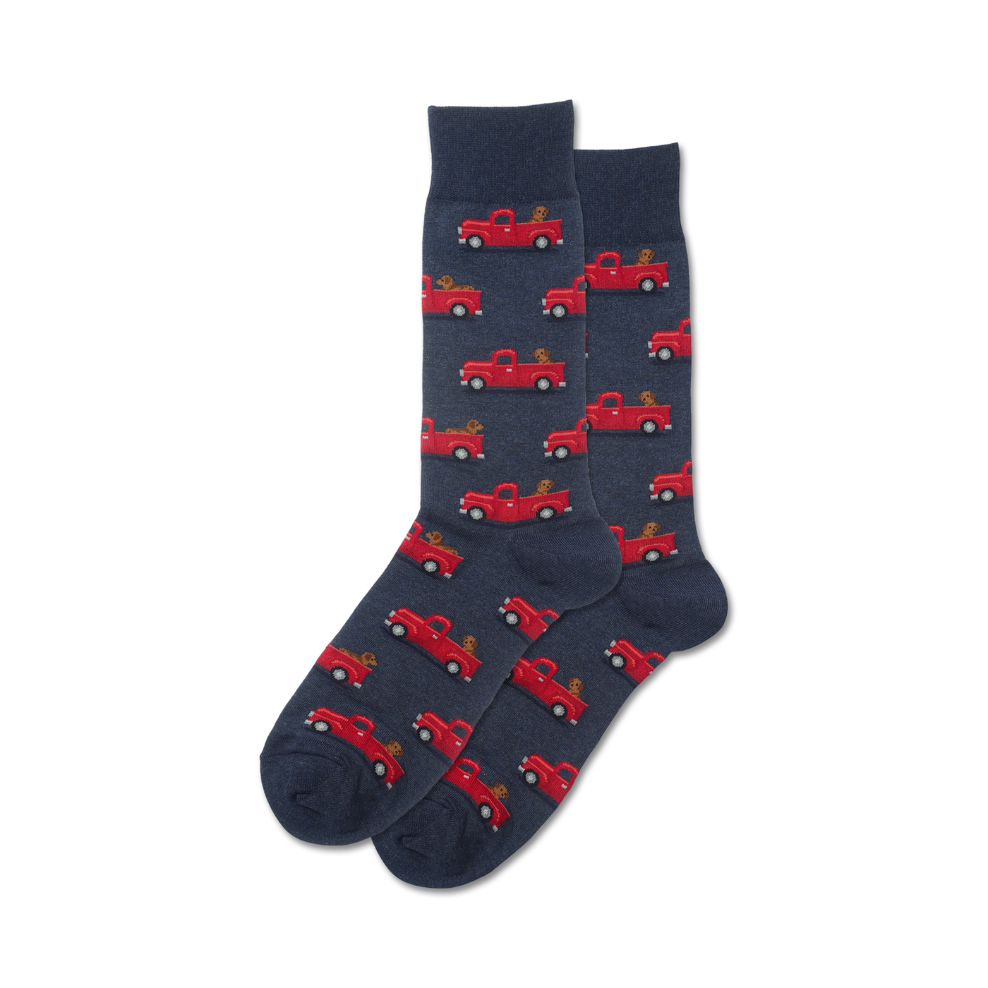 Pair of navy blue crew socks with a repeating pattern of red pickup trucks carrying small brown dogs.