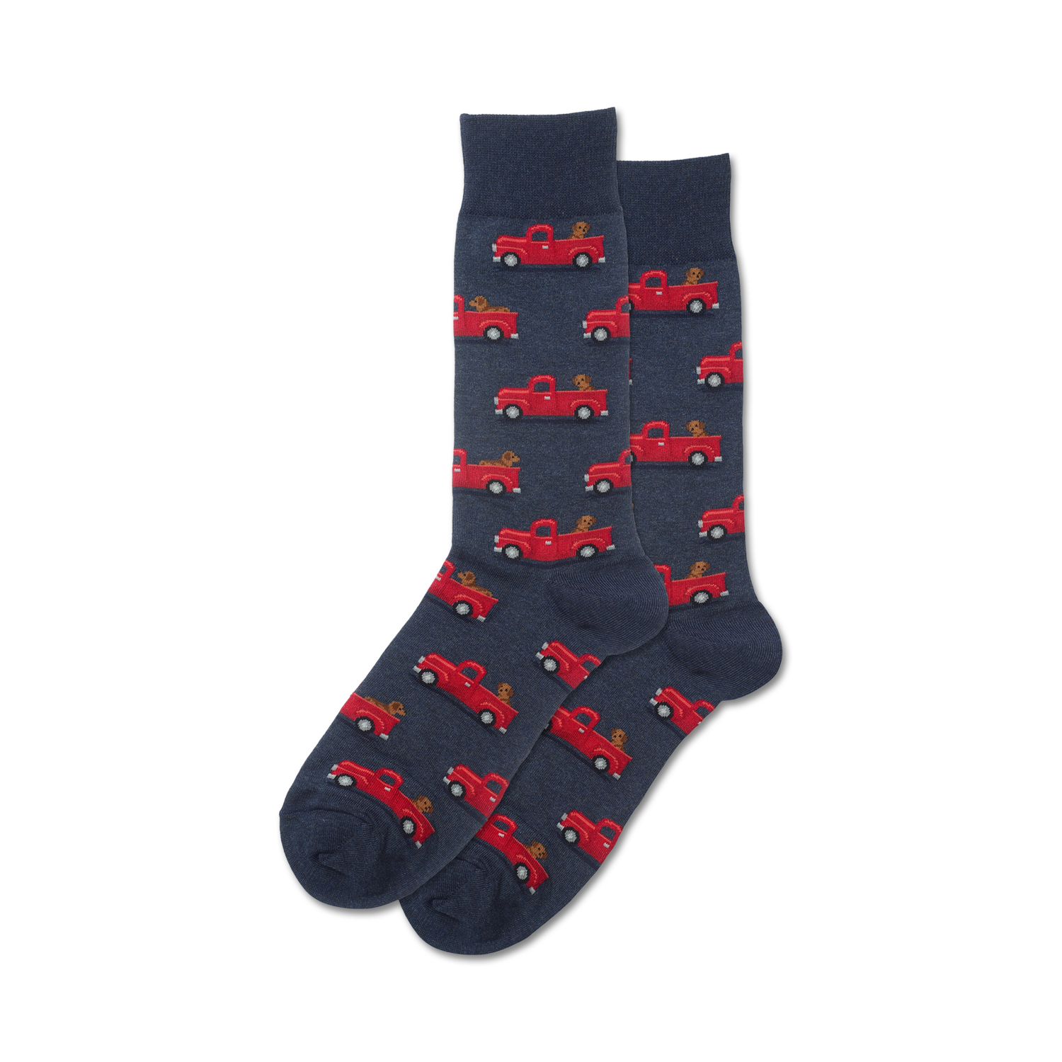 Pair of navy blue crew socks with a repeating pattern of red pickup trucks carrying small brown dogs.