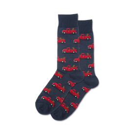 mens blue crew socks with red pickup truck and brown dog    