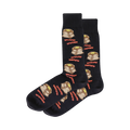 Pair of dark crew socks with a repeating pattern of illustrated pancakes and bacon strips.  Pancakes are light brown with yellow butter; bacon is reddish-brown.