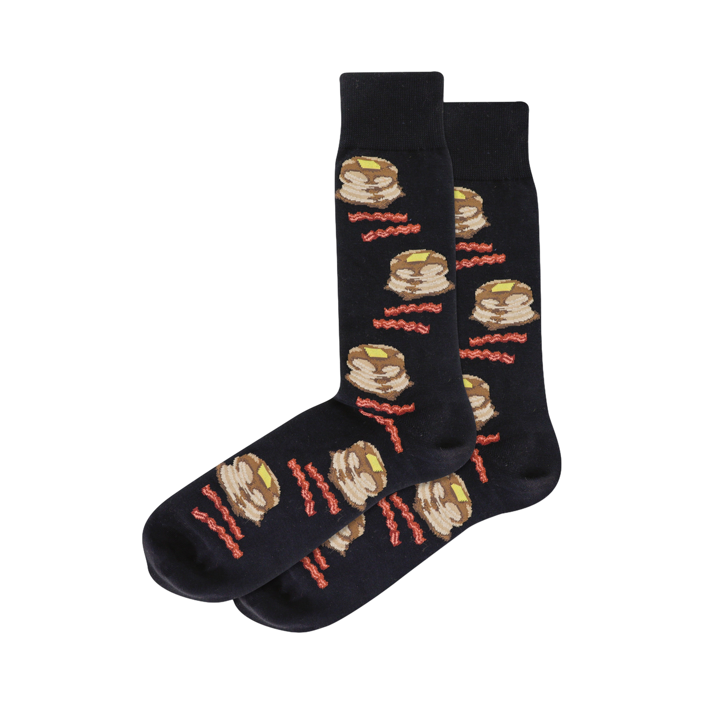 Pair of dark crew socks with a repeating pattern of illustrated pancakes and bacon strips.  Pancakes are light brown with yellow butter; bacon is reddish-brown.