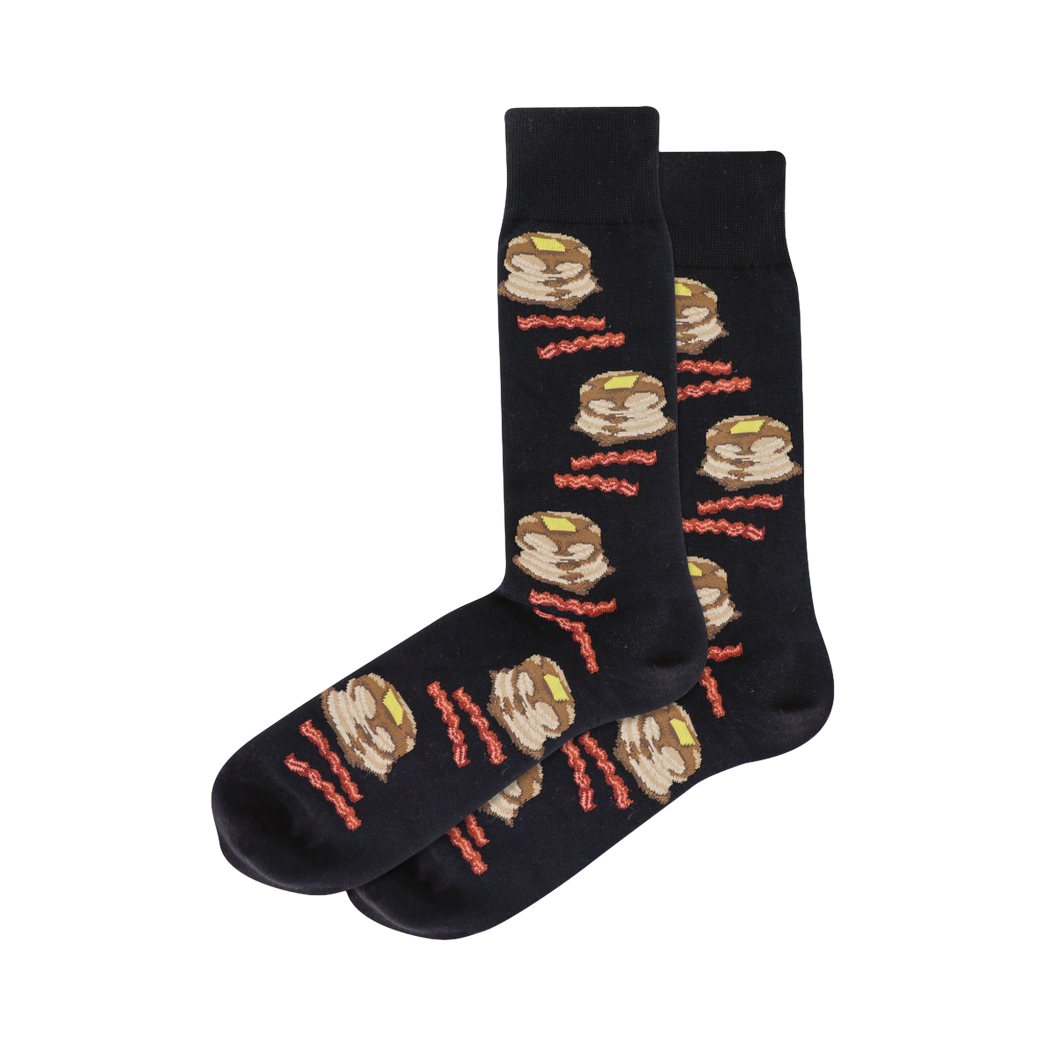 Pair of dark crew socks with a repeating pattern of illustrated pancakes and bacon strips.  Pancakes are light brown with yellow butter; bacon is reddish-brown.