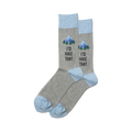 Pair of grey crew socks with a light blue cuff.  A small mountain scene and the text 'I'd Hike That' are embroidered on the socks.