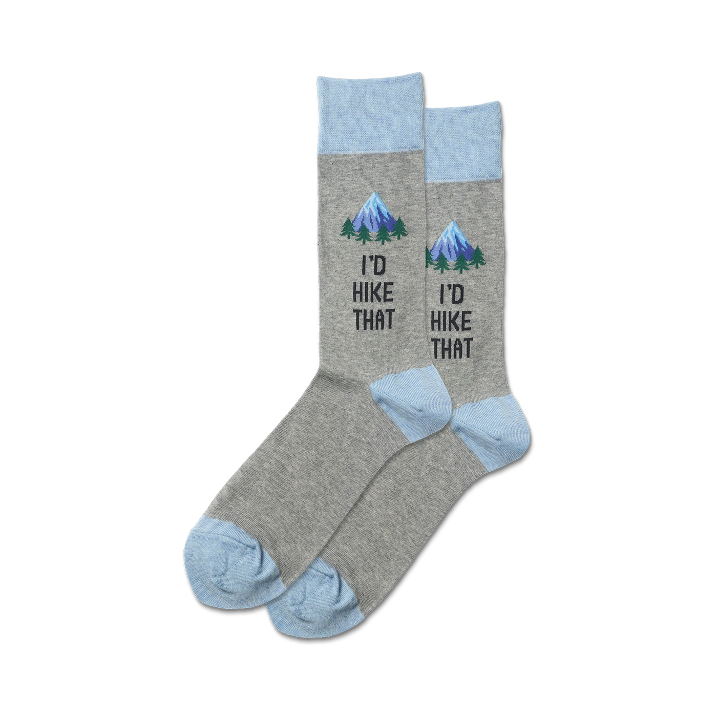 Pair of grey crew socks with a light blue cuff.  A small mountain scene and the text 'I'd Hike That' are embroidered on the socks.