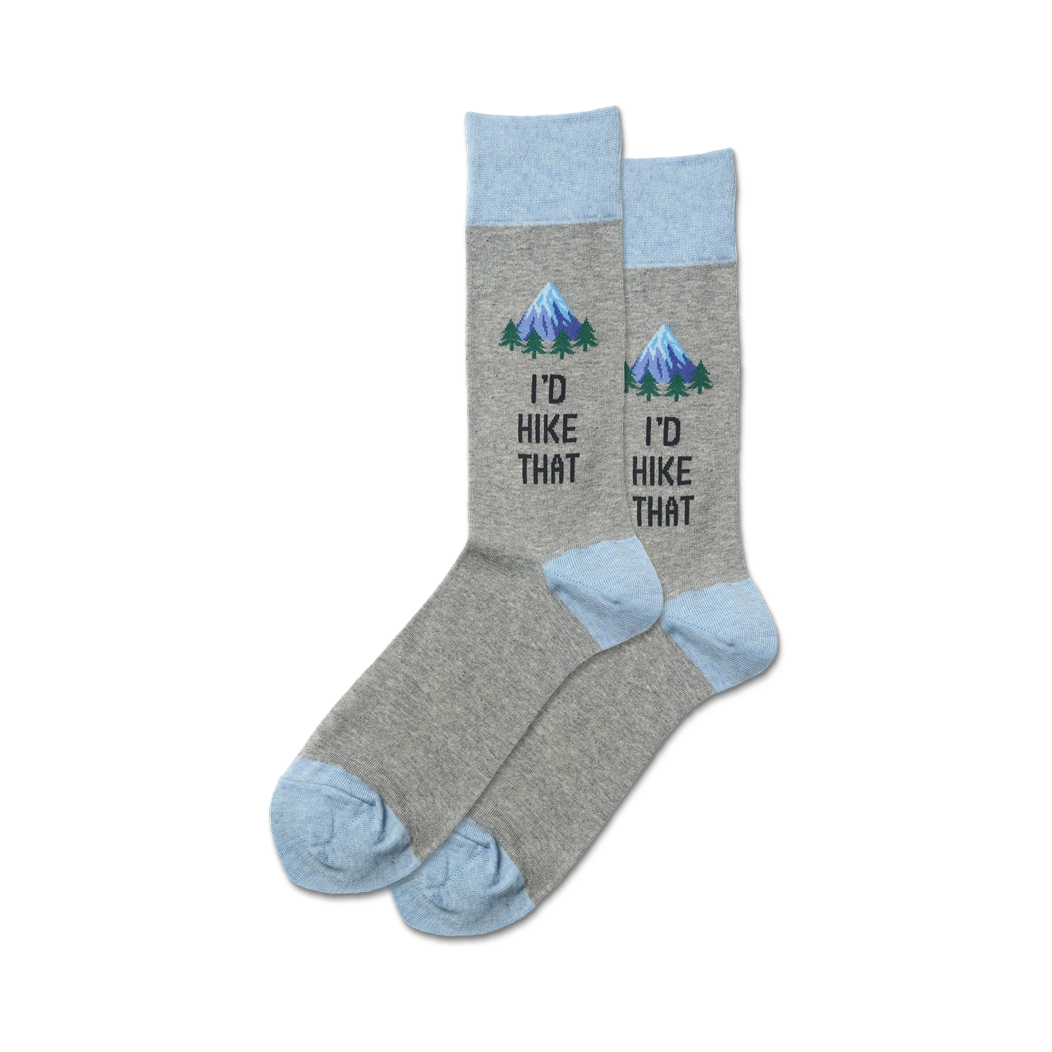 Pair of grey crew socks with a light blue cuff.  A small mountain scene and the text 'I'd Hike That' are embroidered on the socks.