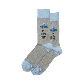 sock gray/blue cuff/toe, "i'd hike that" mountain pattern, mens  
