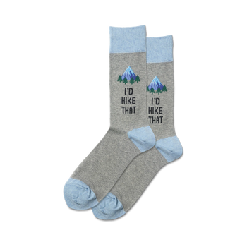 sock gray/blue cuff/toe, "i'd hike that" mountain pattern, mens  