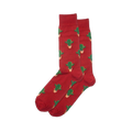 Pair of red crew socks with an all-over repeating pattern of green cactus plants in light tan pots.