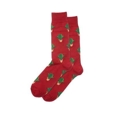 Pair of red crew socks with an all-over repeating pattern of green cactus plants in light tan pots.