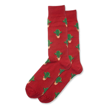 Pair of red crew socks with an all-over repeating pattern of green cactus plants in light tan pots.