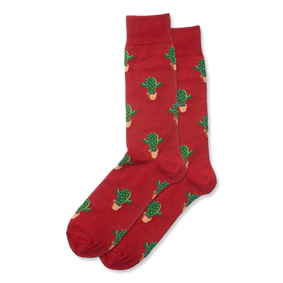 Pair of red crew socks with an all-over repeating pattern of green cactus plants in light tan pots.